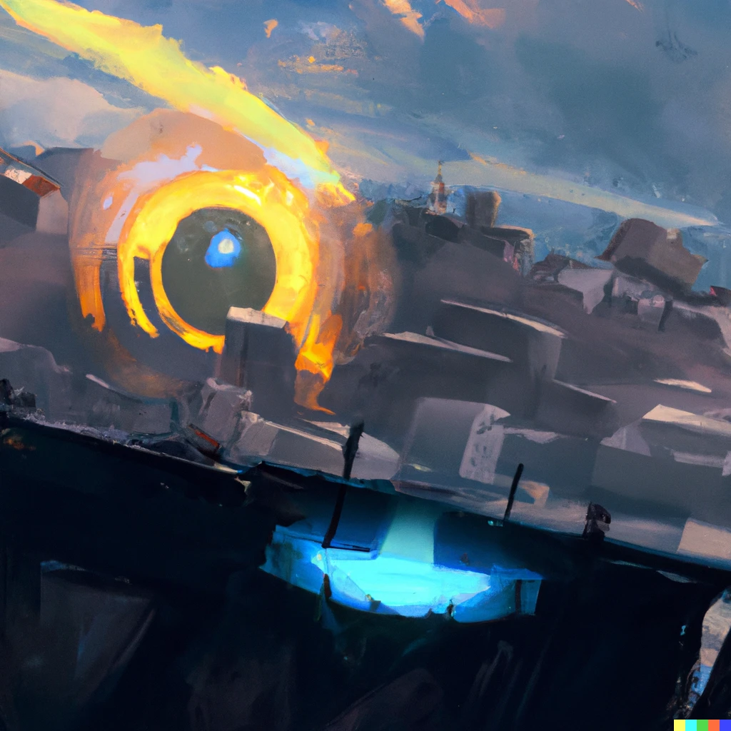 Prompt: a robotic eye floating above a town devastating all the buildings with a laser, Digital Art