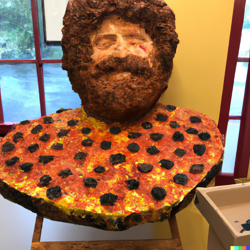 Prompt: A Statue made out of pizza of Bob Ross