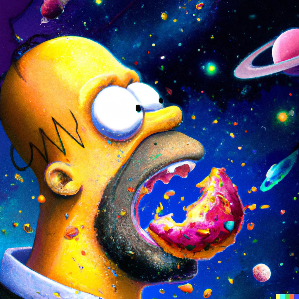 Prompt: Homer Simpson eating a universe, Digital Art