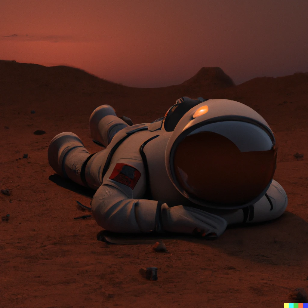 Prompt: A 3D render of Astronaut sleeping  on Mars Surface