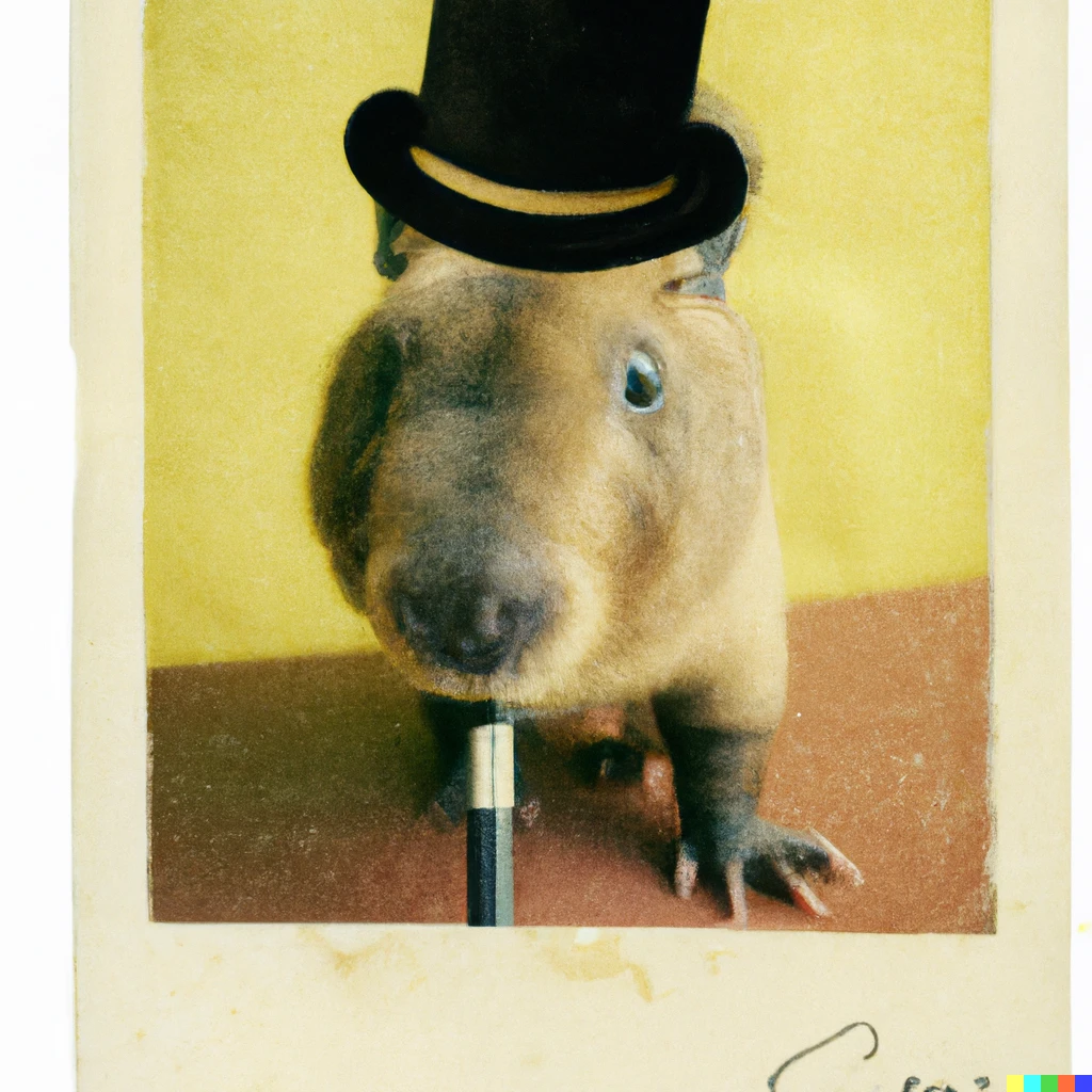 Prompt: Polaroid of a fancy baby capybara with a top hat monocle and cane