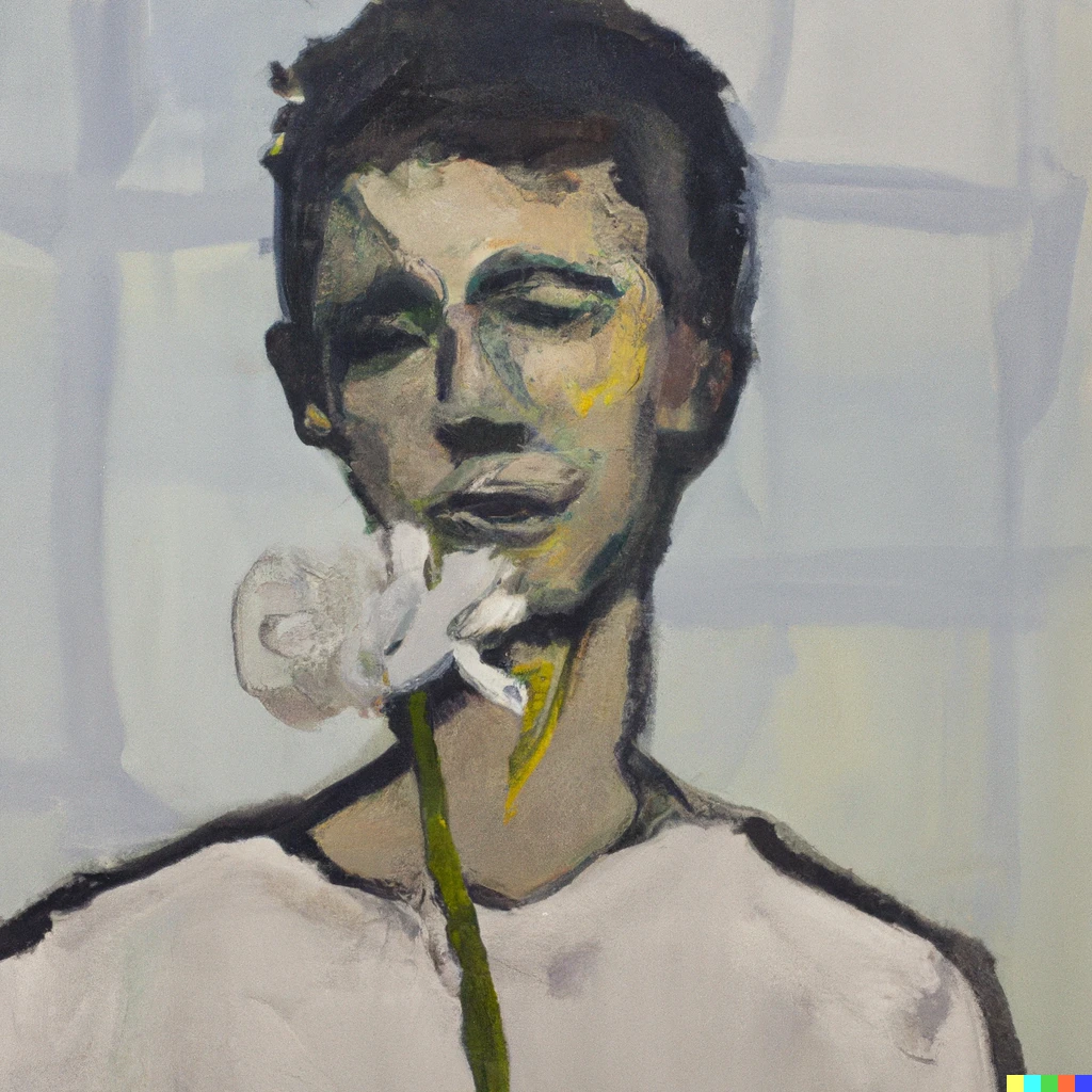 Prompt: a young man and a flower by marlene dumas