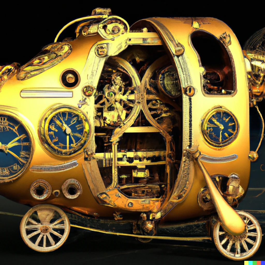 Prompt: A picture of a golden steampunk time-travel machine, digital art 3D...