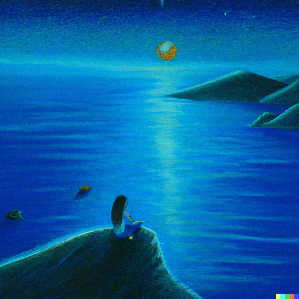 Prompt: An image of a view from a hill, it is night and the moon is shining, we can see the reflection of the moon in the sea, the stars are shining and a girl is looking at them, surrealistic oil painting..