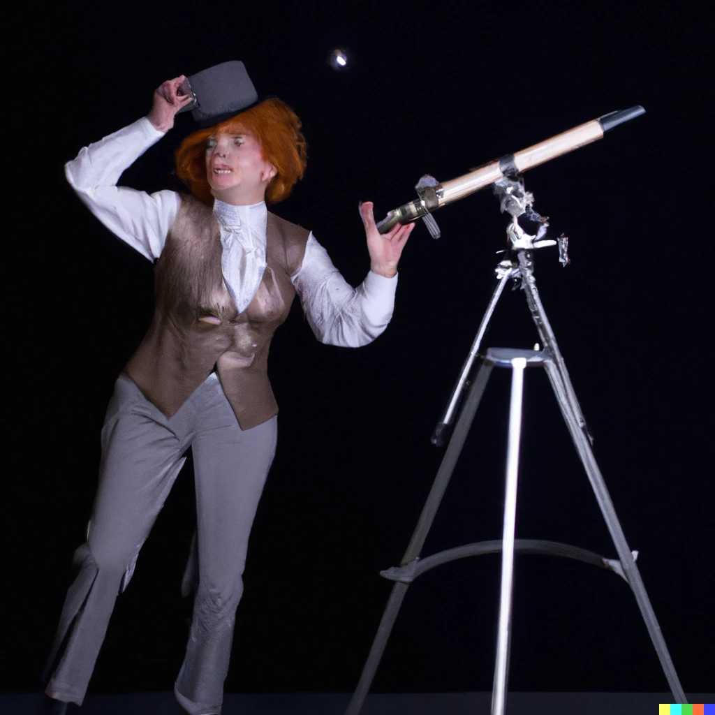 Prompt: a photograph of a tap-dancing astronomer with her telescope 