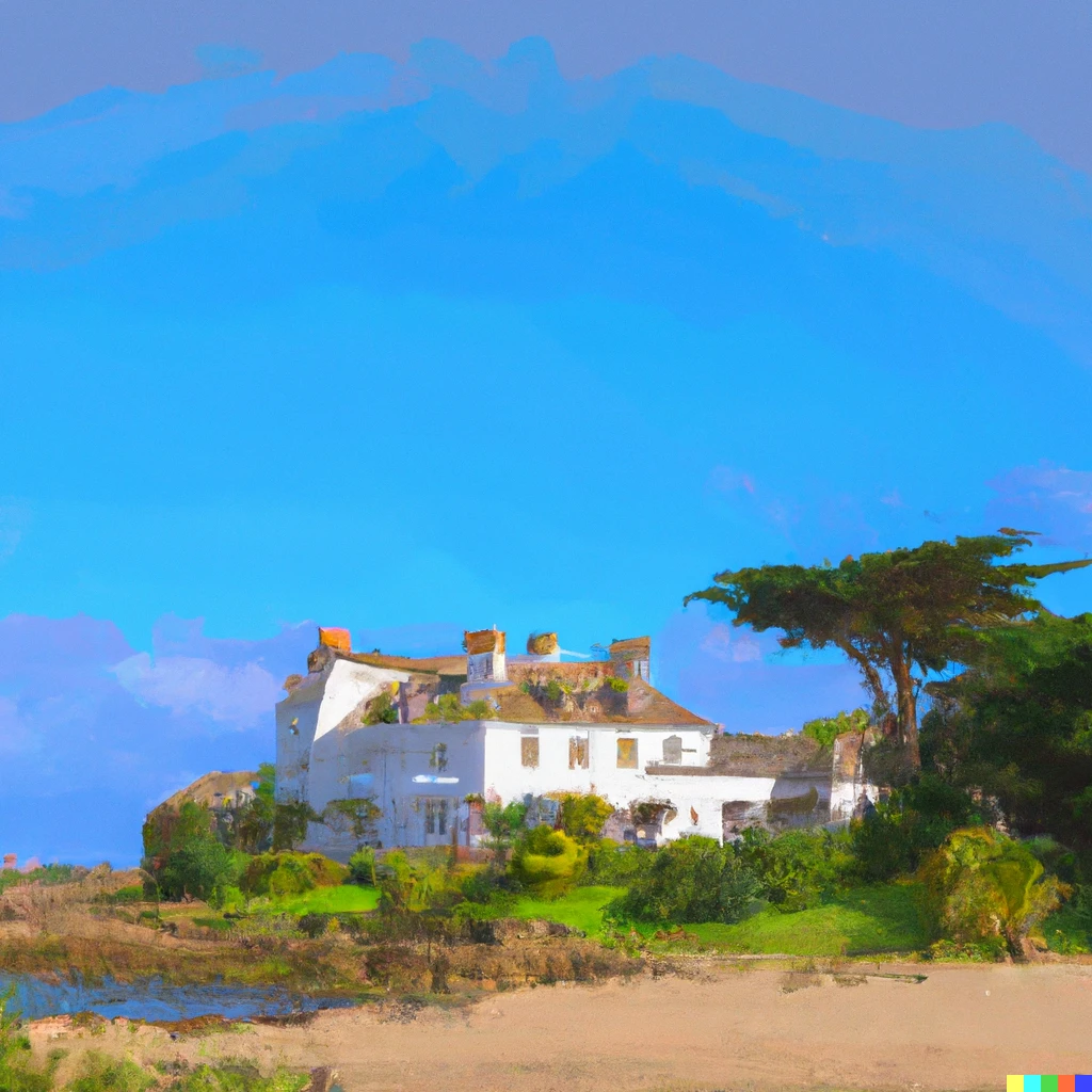 Prompt: The White House Hotel on Herm Island, as painted by Turner