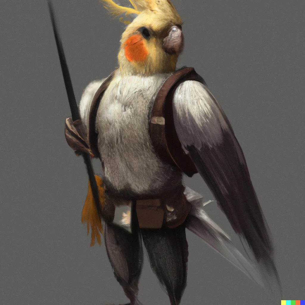 Prompt: An adventurer cockatiel, wearing a sword on their hilt and a leather vest, digital art