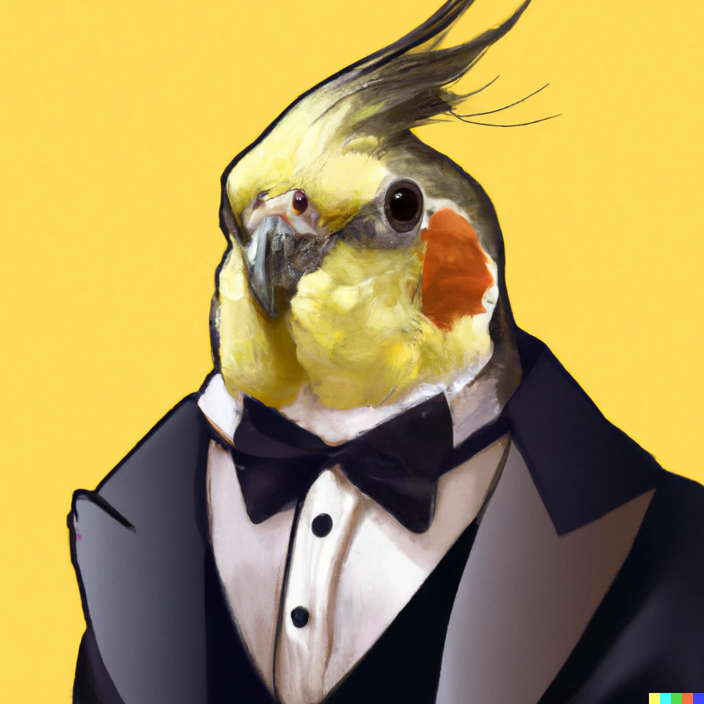 Prompt: A cockatiel wearing a tuxedo, digital art