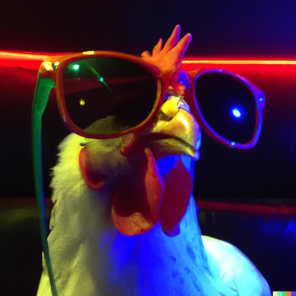 Prompt: A photo of a cool chicken with stylish sunglasses in a karaoke