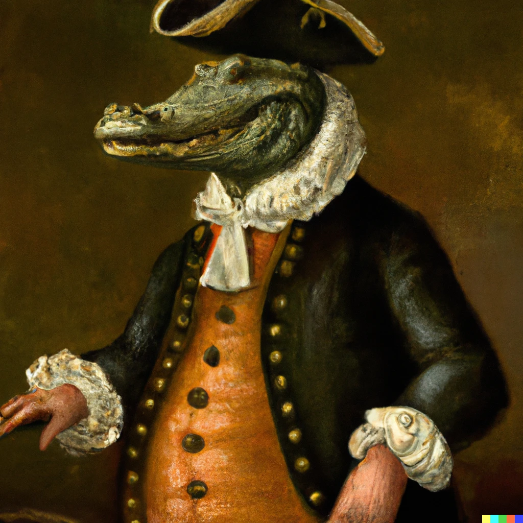 Prompt: An oil painting of a crocodile dressed as a 17th century Dutch merchant in the style of Rembrandt.