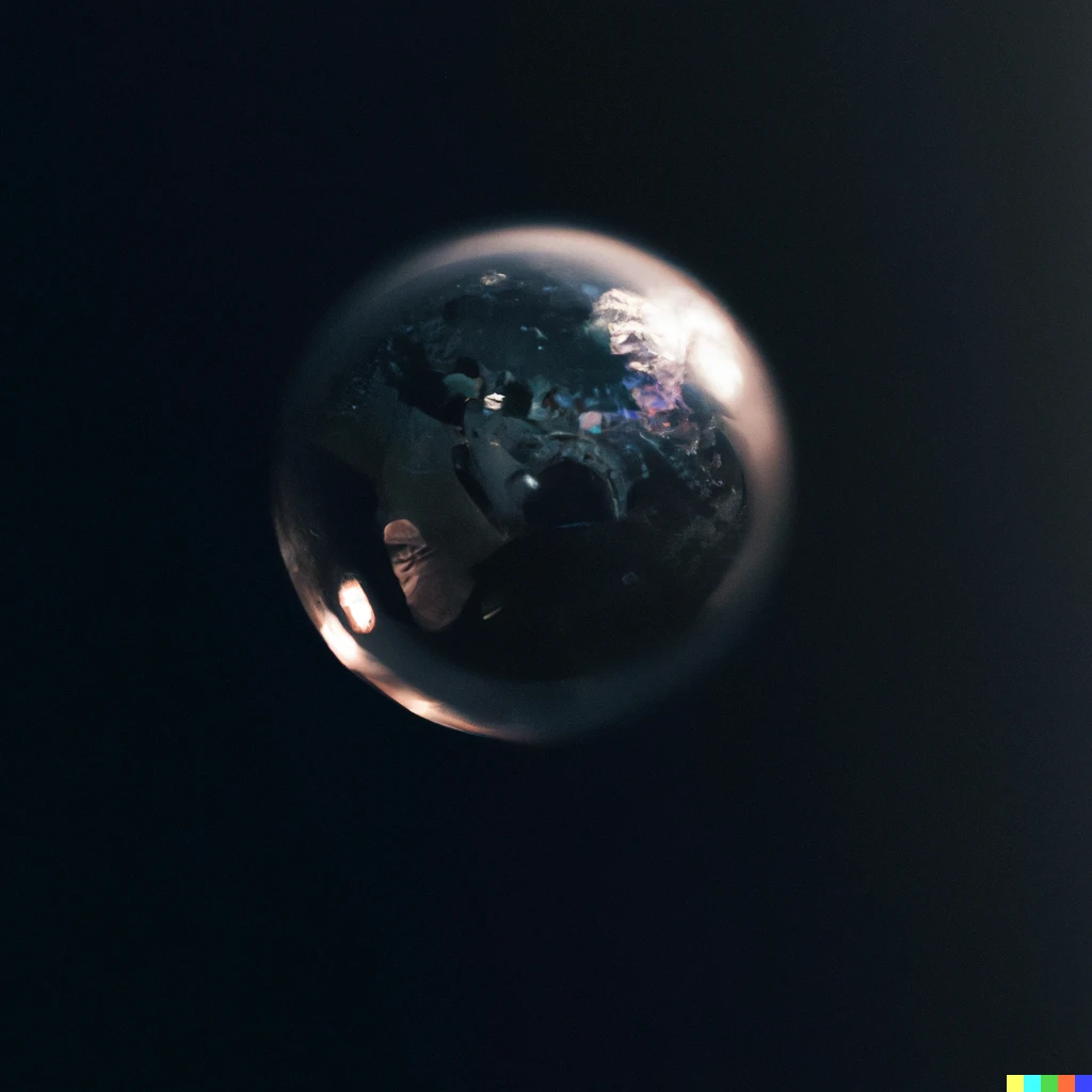 Prompt: planet earth globe as the film of a bubble, floating in the darkness, rimlit by pastel spectrum. digital fine art on matte black background. macro dust motes in rays of sunlight - bokeh
