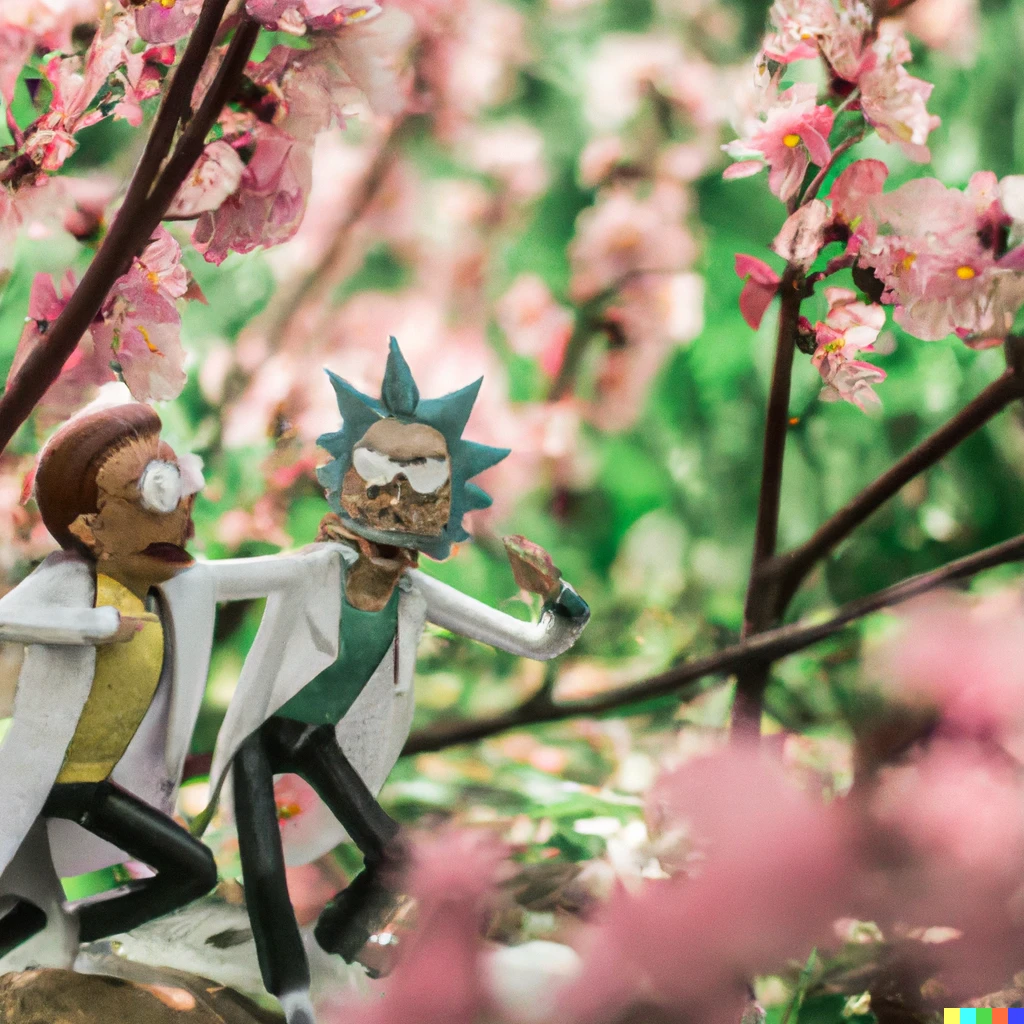 Prompt: A Photo of Rick and Morty dancing in the cherry blossoms