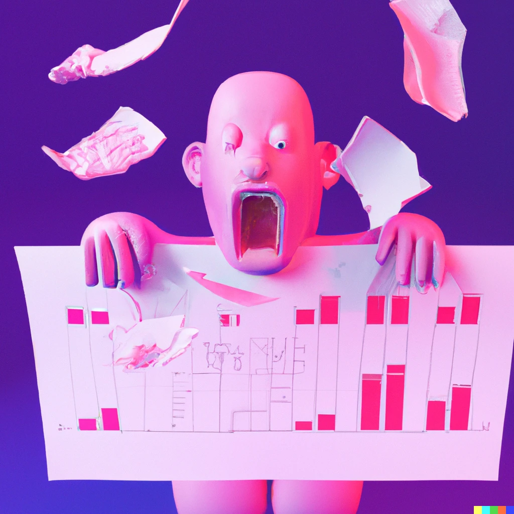 Prompt: pink man screaming at his financial losses, digital art