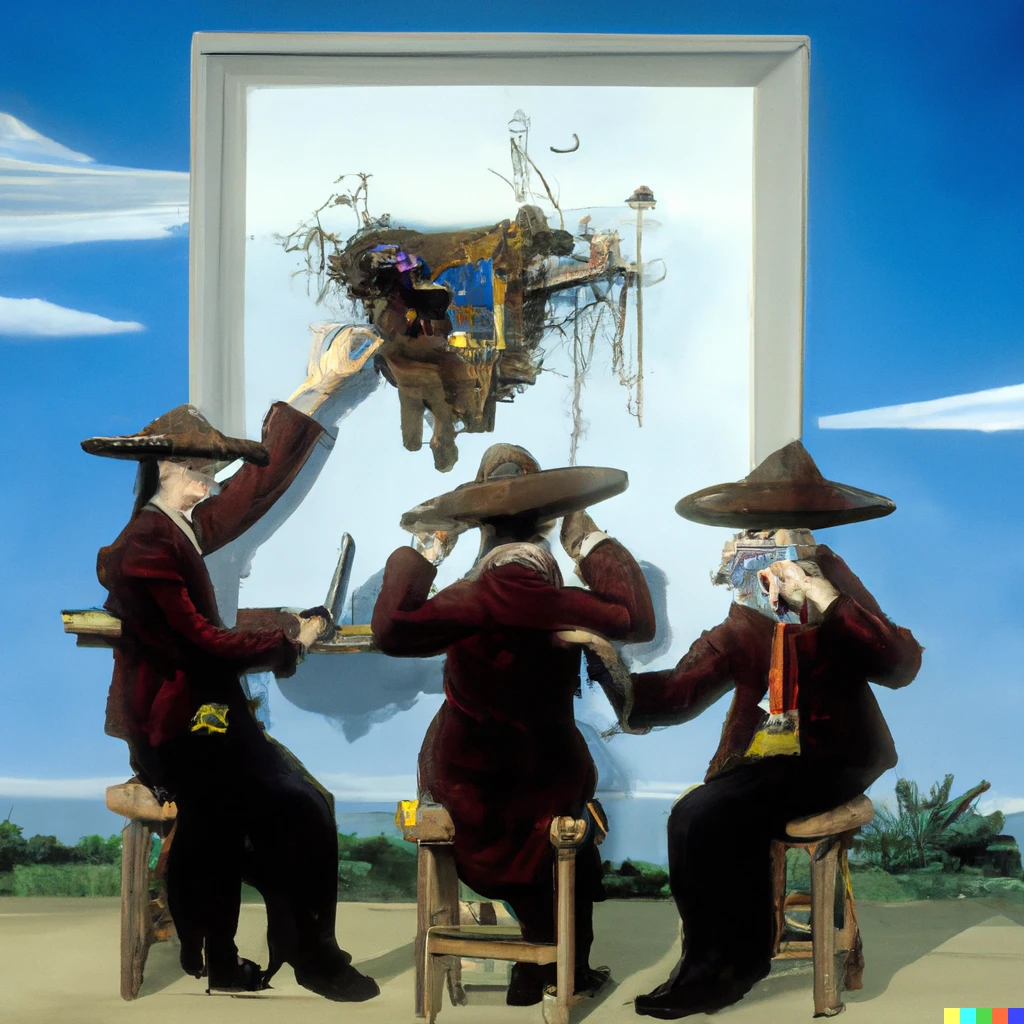 Prompt: A Dali painting of three stooges debugging distributed java application in production