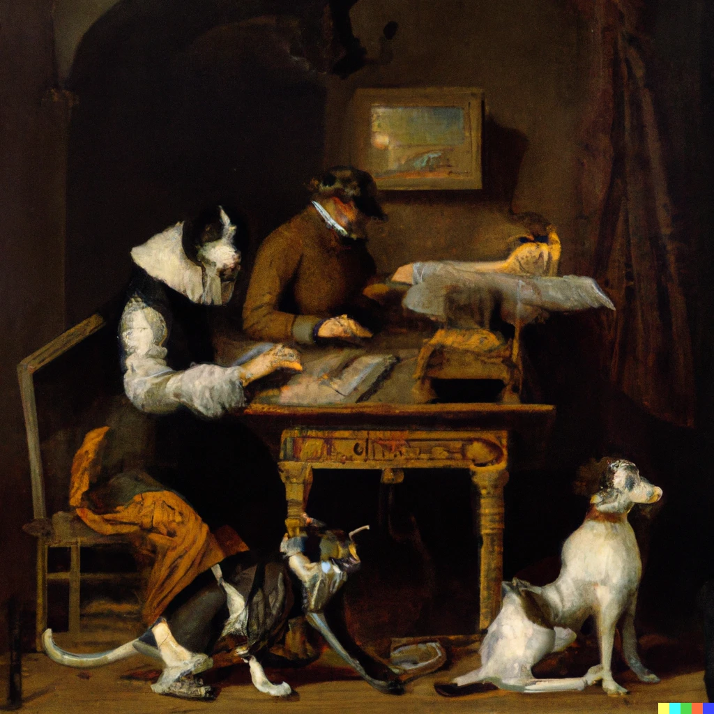 Prompt: A Vermeer  painting of dogs and cats writing steam punk computer code