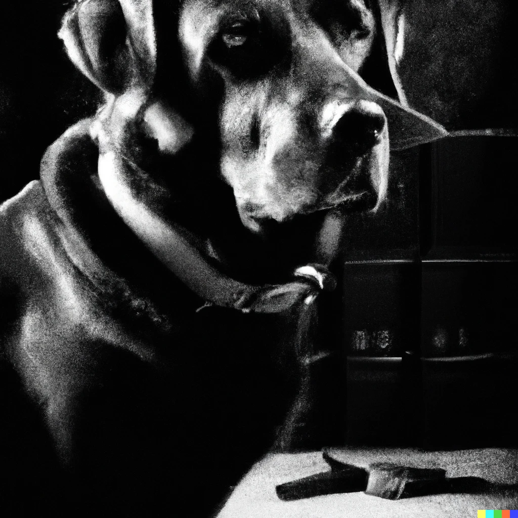 Prompt: black and white photo of a detective black labrador in a film noir from the 1950s