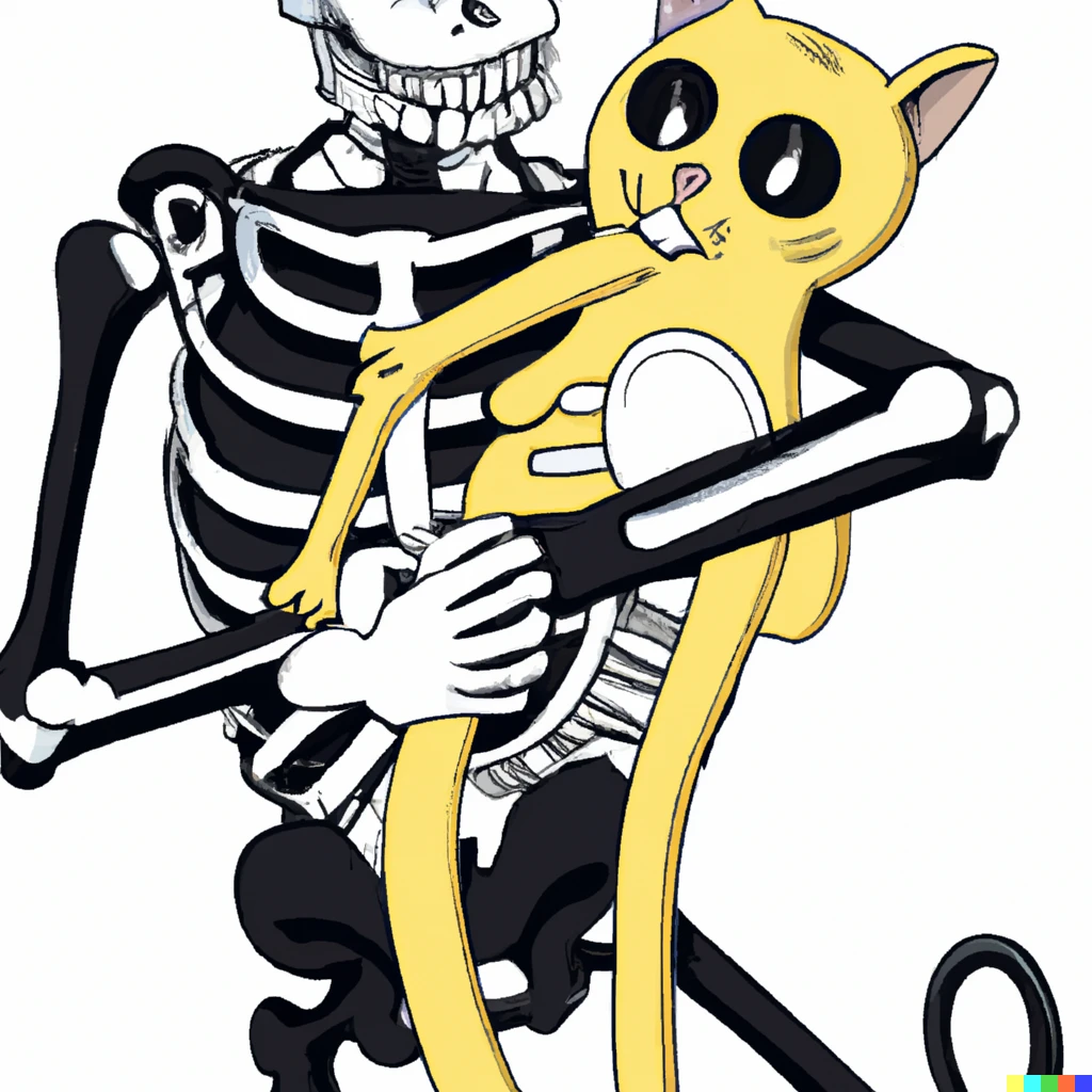 Prompt: A cartoon skeleton lovingly holding a cat