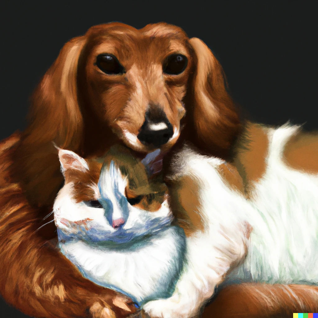 Prompt: A half brown, half white, long-haired dachshund and a fat calico cat cuddling together, colorful digital art