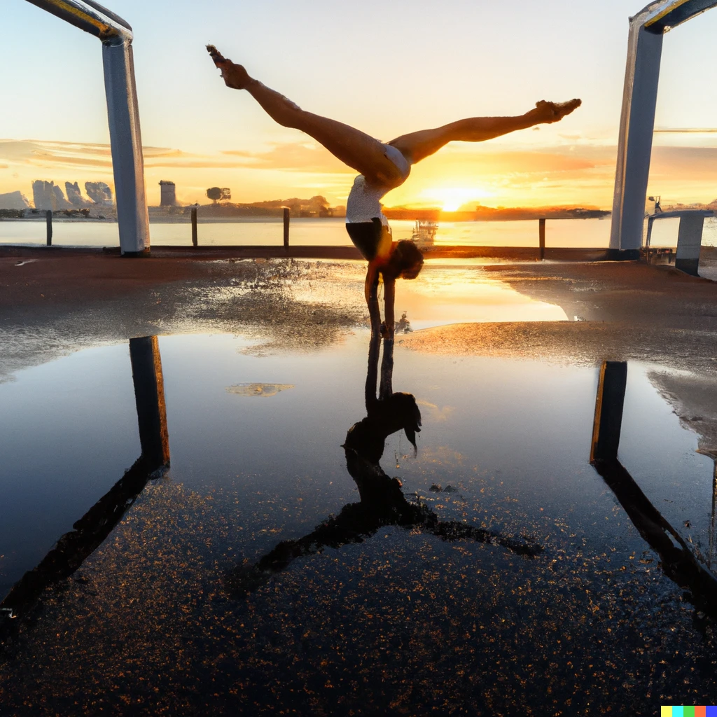 Prompt: Gymnastic reflexions at dawn