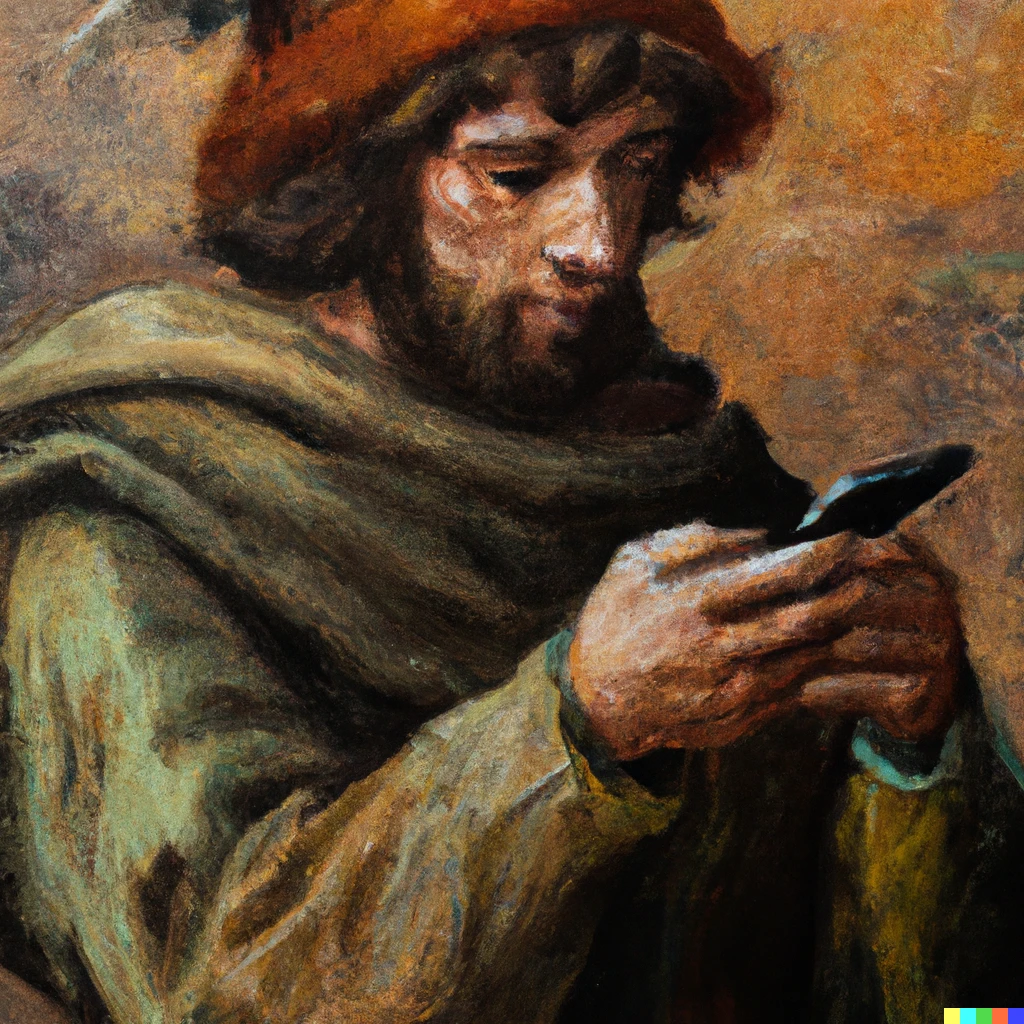 Prompt: A detailed oil painting of a mideval European peasant using an iPhone 