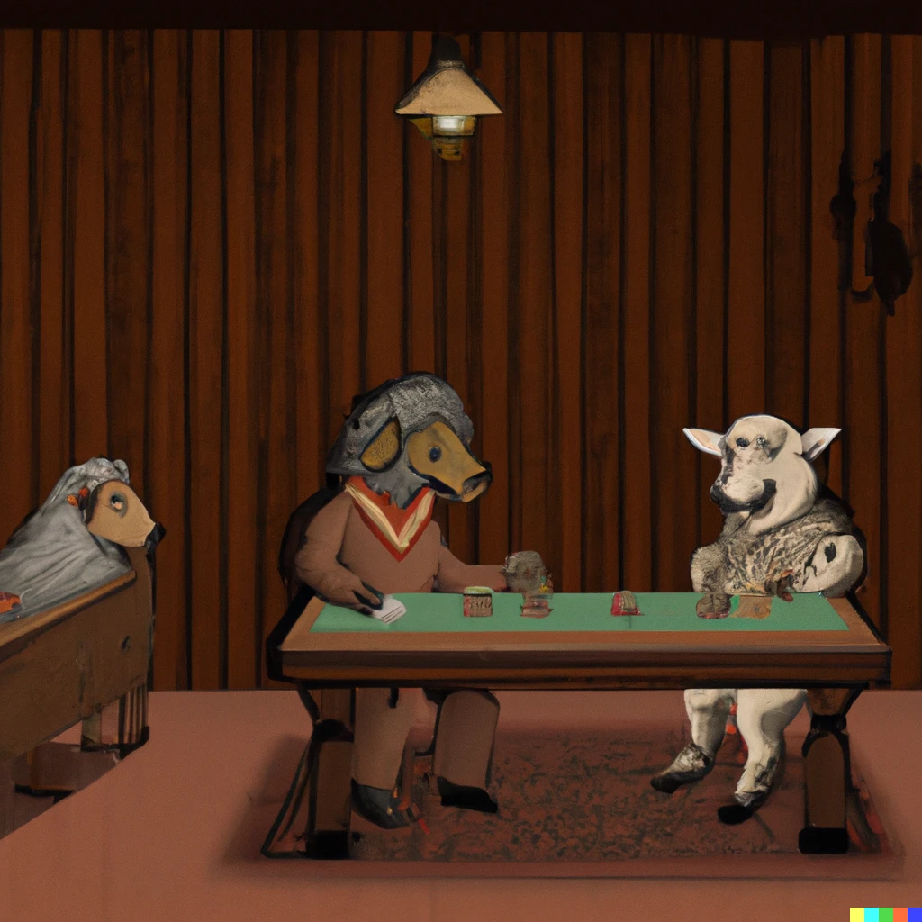 Prompt: A werewolf playing poker with sheep in a room with wood paneling 
