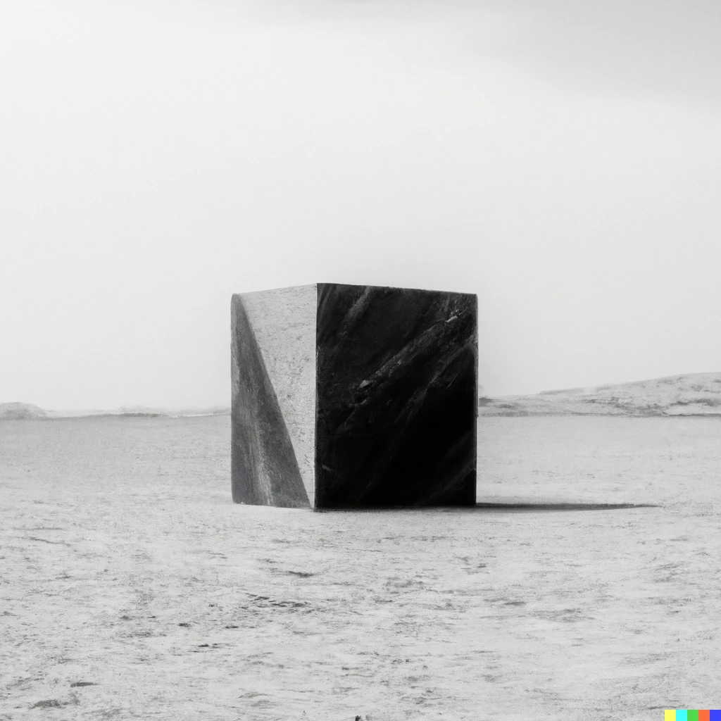 Prompt: A monumental black cube in a monochrome desert