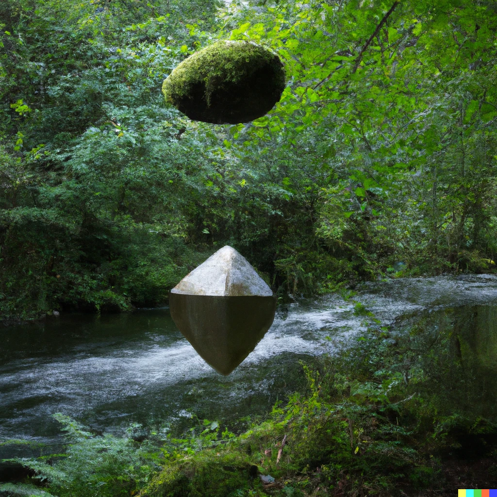 Prompt: Abstract sculpture levitating over a flowing river in the forest