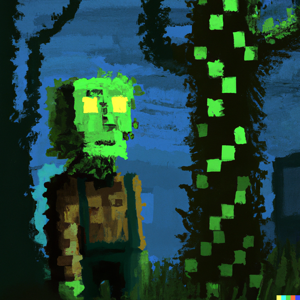 Joey × DALL·E | vincent van gogh painting of a minecraft creeper at night