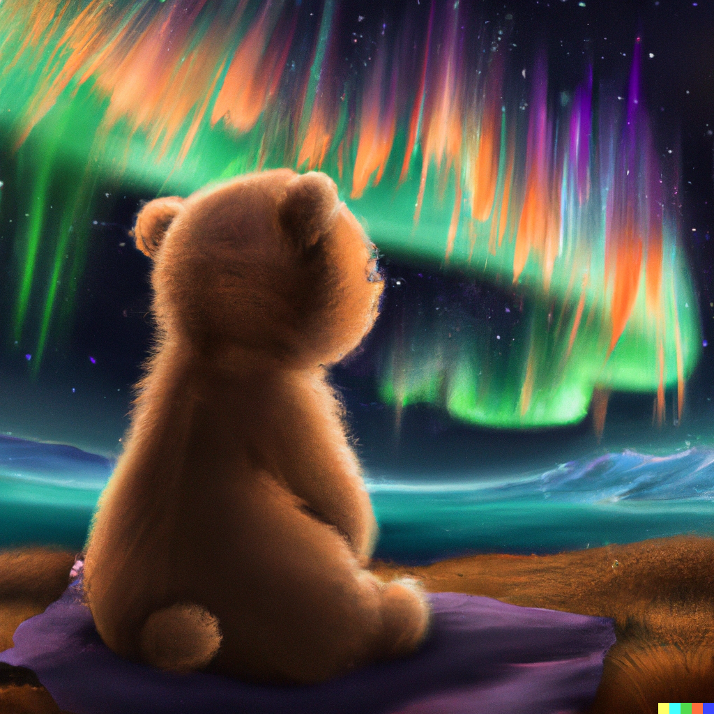 Joey × Dall·e 2 Fluffy Teddy Bear Watching The Aurora Borealis Digital Art 6468