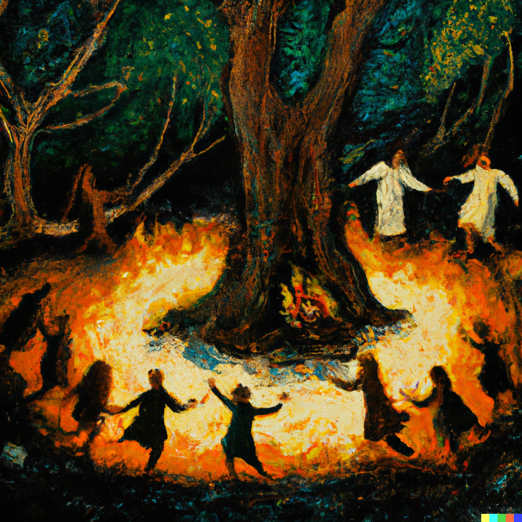 Joey × DALL·E 2 | Forest people dancing around an enchanted campfire in ...