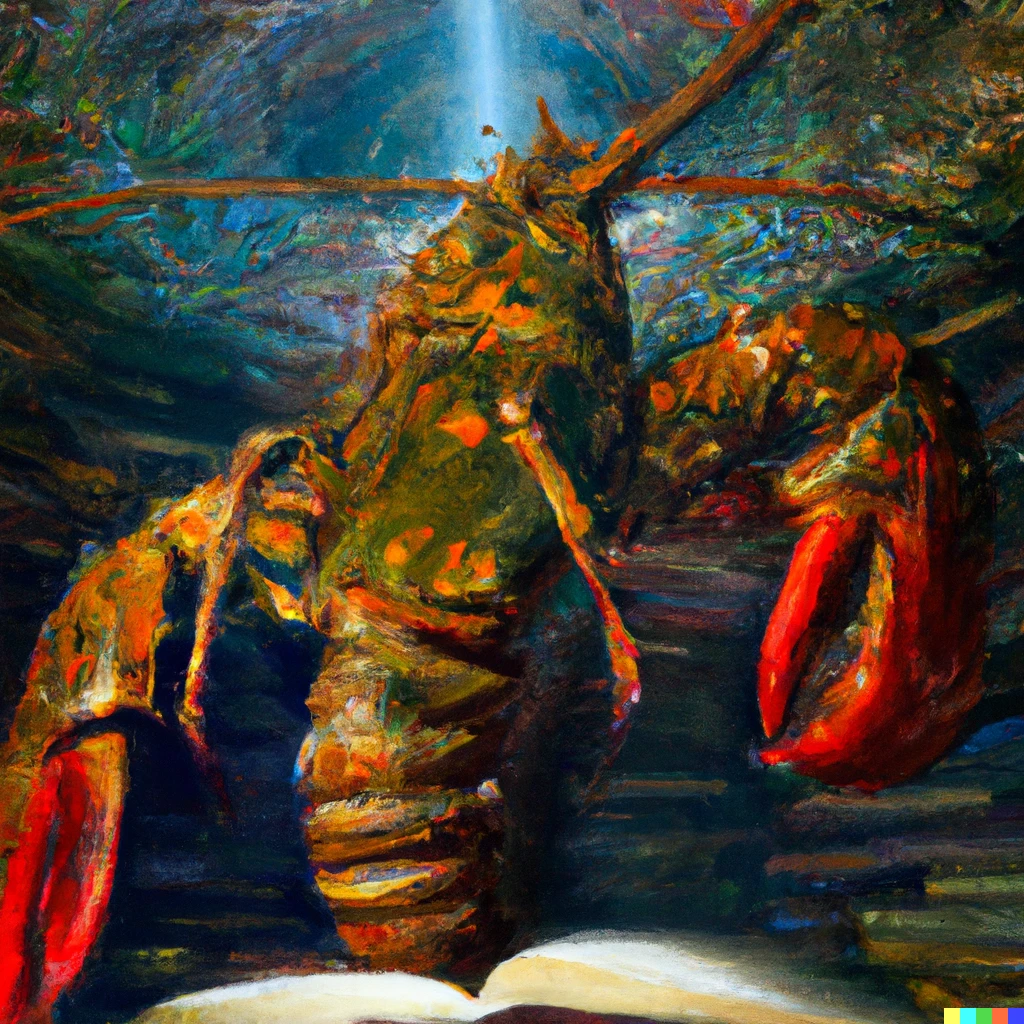 Prompt: A giant lobster standing on a library being sucked into a black hole, impressionist art