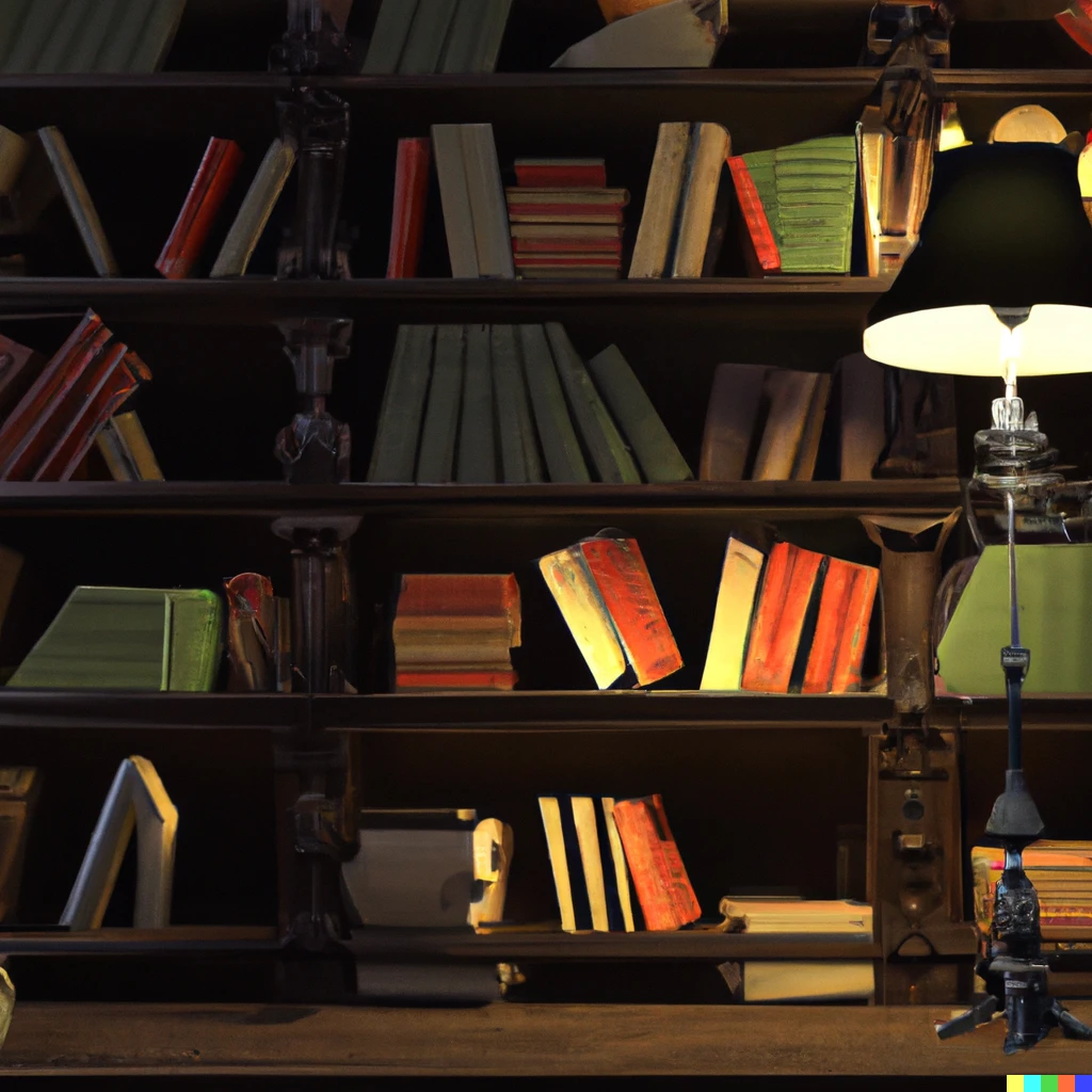 Prompt: A bookshelf of folios in a dark library with a lamp nearby, digital art