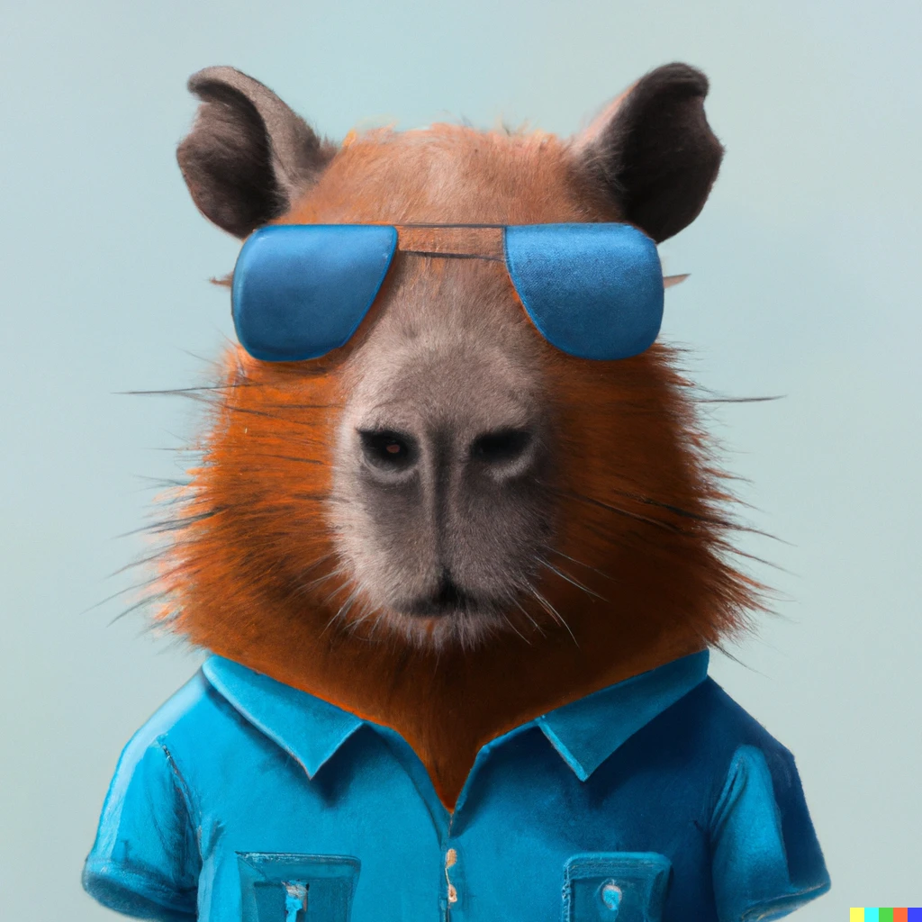 Prompt: capybara wearing blue shirt and sunglass, digital art