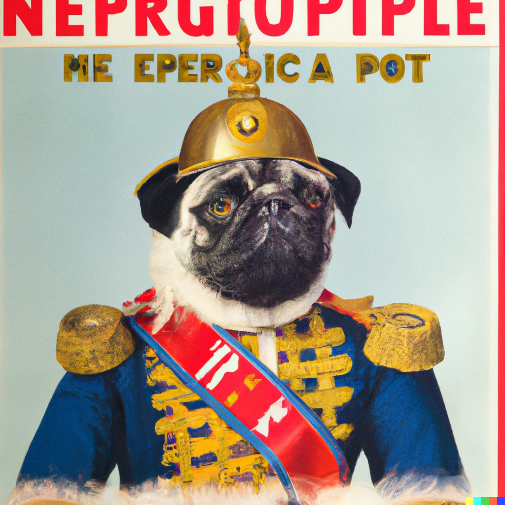 Prompt: A propaganda poster depicting a pug dressed as French emperor Napoleon 