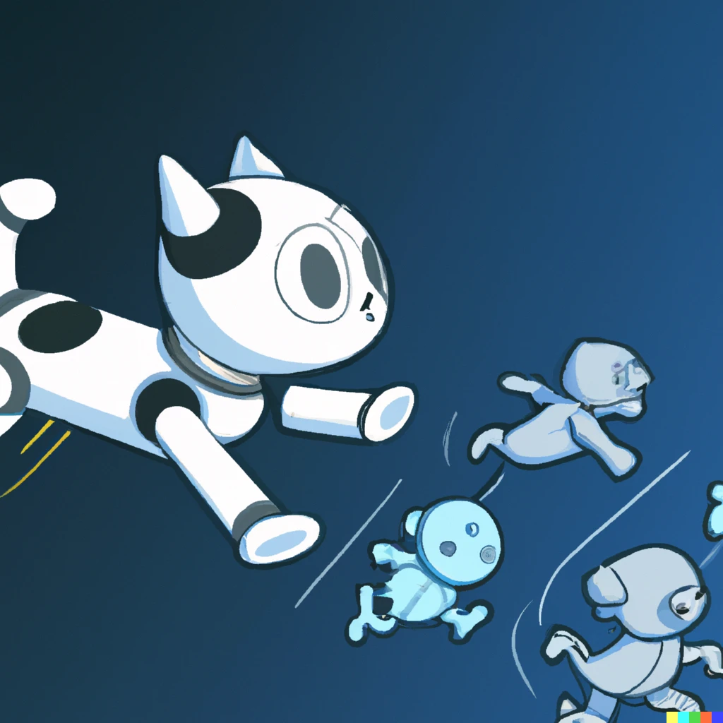 Prompt: A  robot cat jump in the air, and chasing by many dogs. Give it some japan anime style. The background is setting in space.