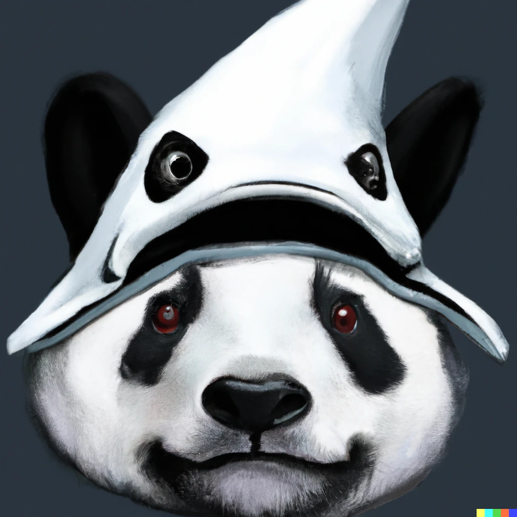 Prompt: drawing of a shark head wearing a panda head as a hat, digital art