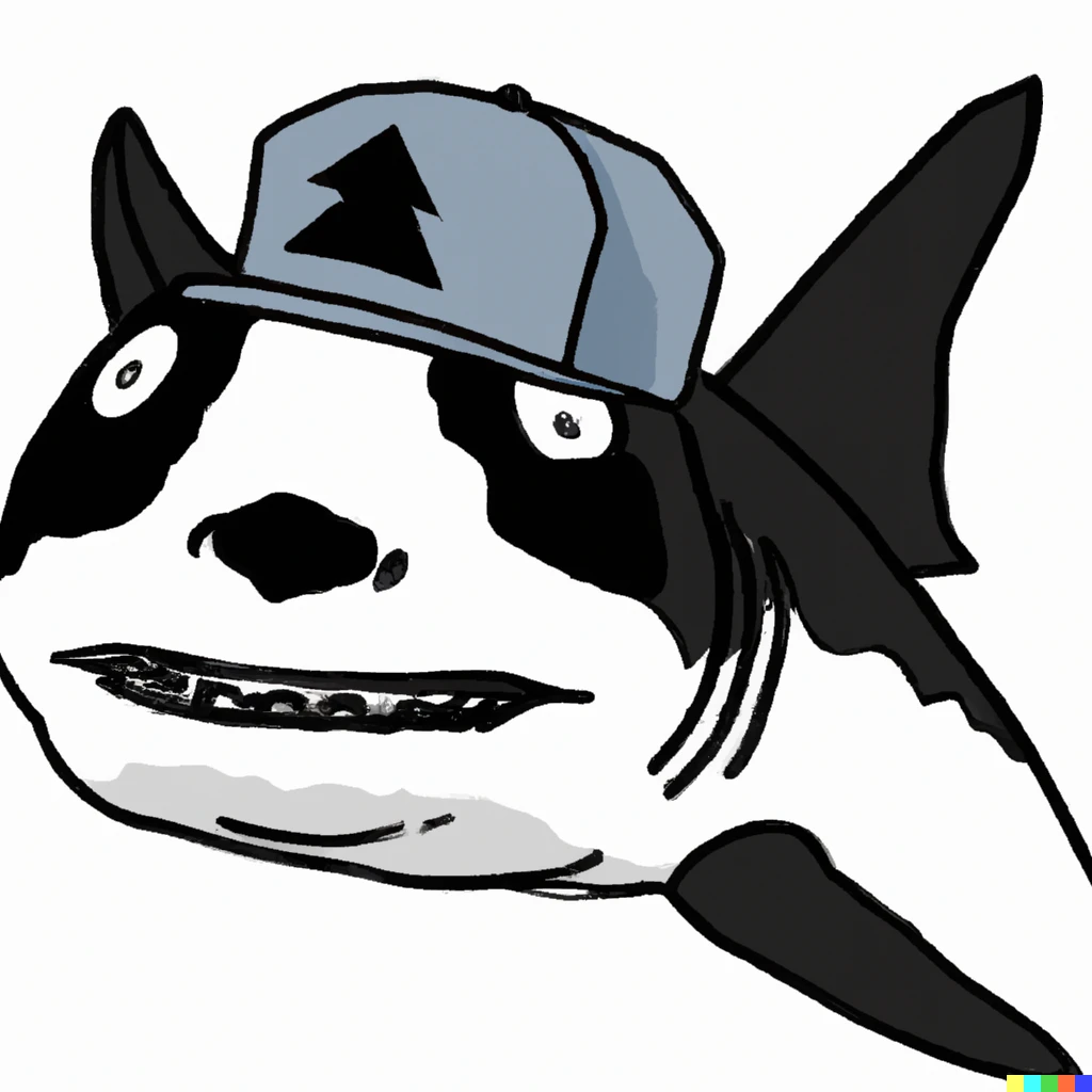 Prompt: drawing of a shark head wearing a panda head as a hat