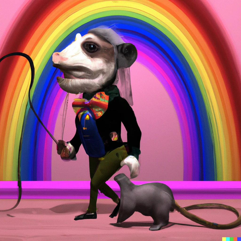 Prompt: 3-D render of nightmare George Washington walking an opossum on a leash on a rainbow