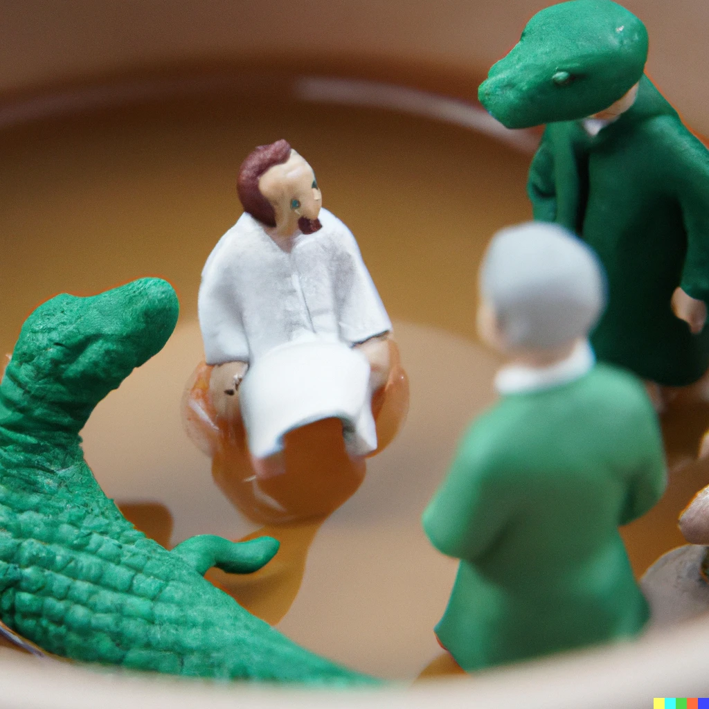 Prompt: A claymation of reptile people attending a baptism 