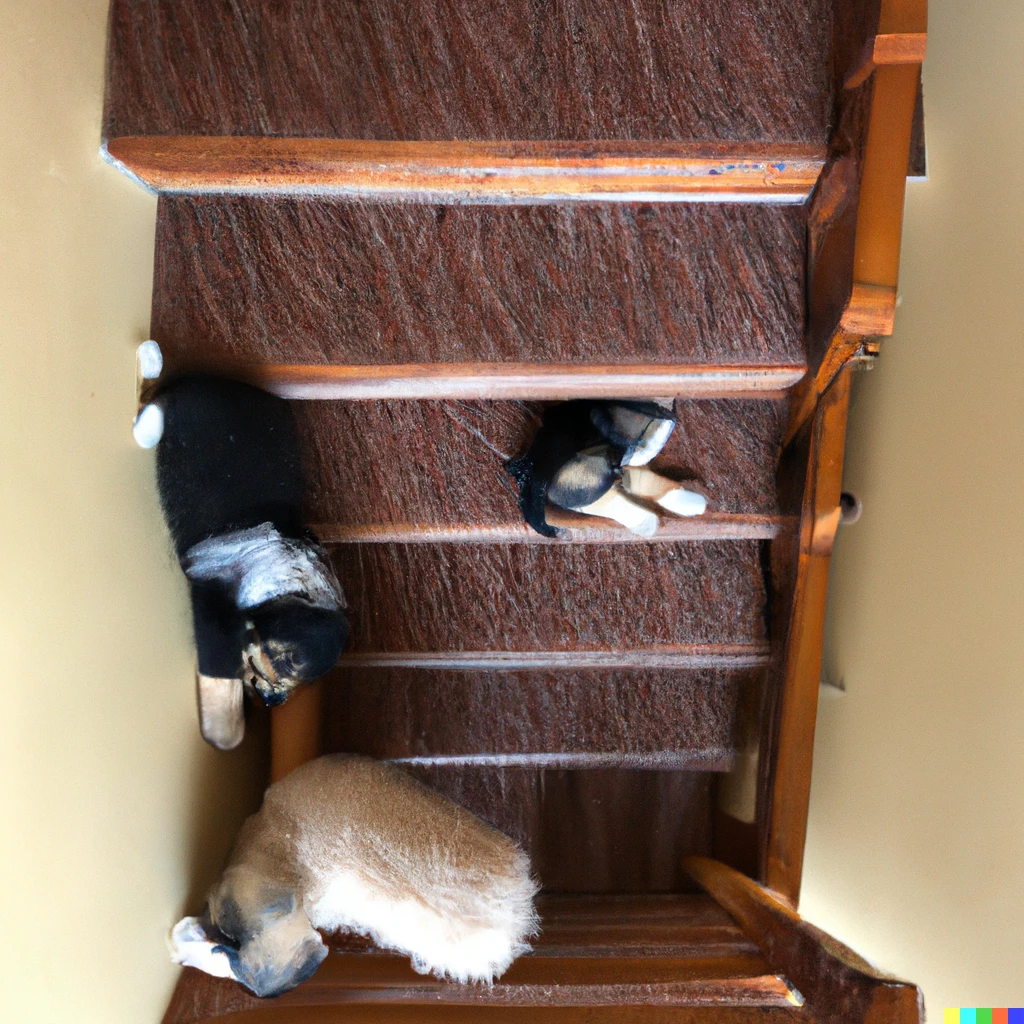 Prompt: escher stairs, overrun with puppies