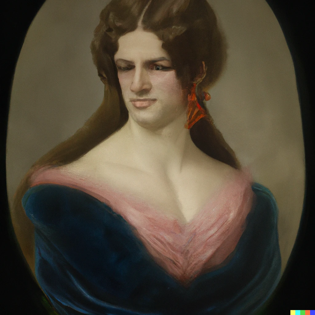 Prompt: Portrait of a beautiful transgender woman, 1840s, 61.5 by 46 cm (24.2 by 18.1 in)