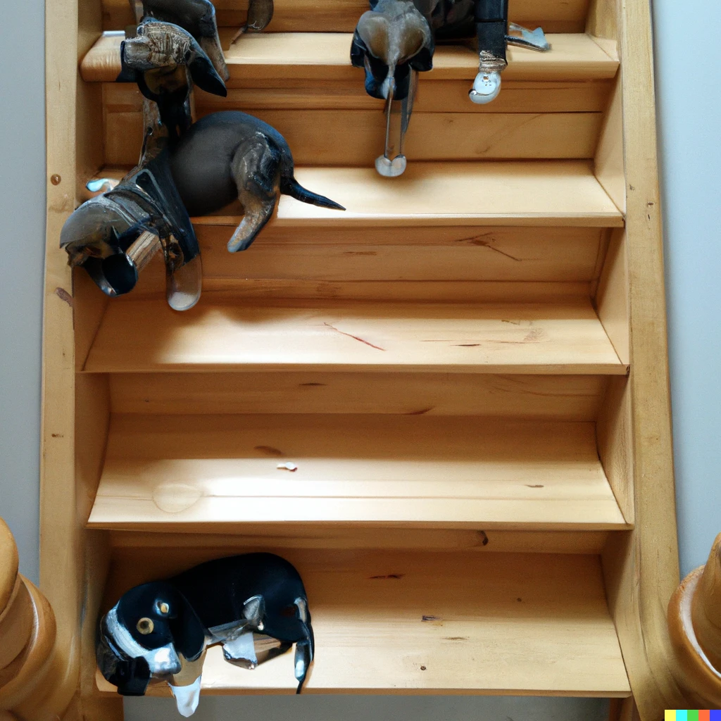 Prompt: escher stairs, overrun with puppies