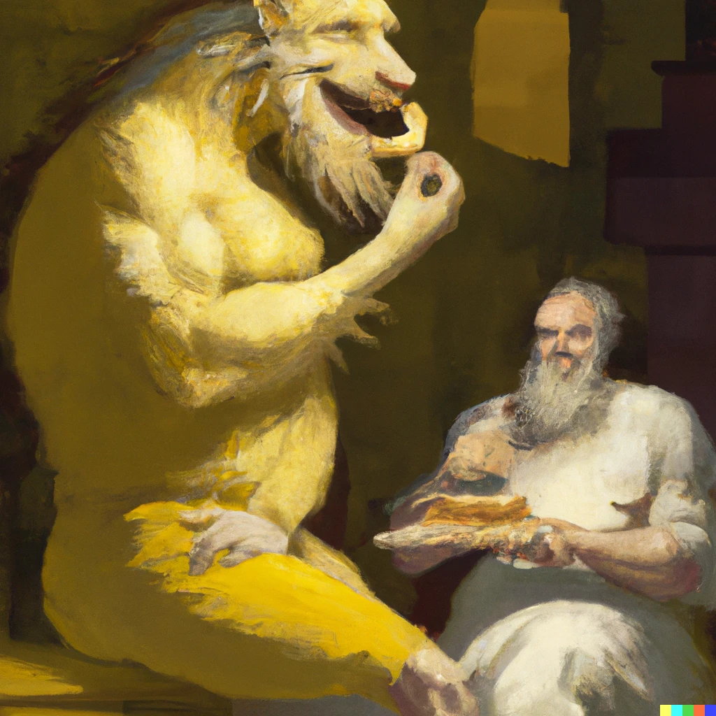 Prompt: "A realistic oil painting of Gilgamesh enjoying a cheese danish with Hamlet, while discussing the great Bahamut and a flexible work schedule" 
