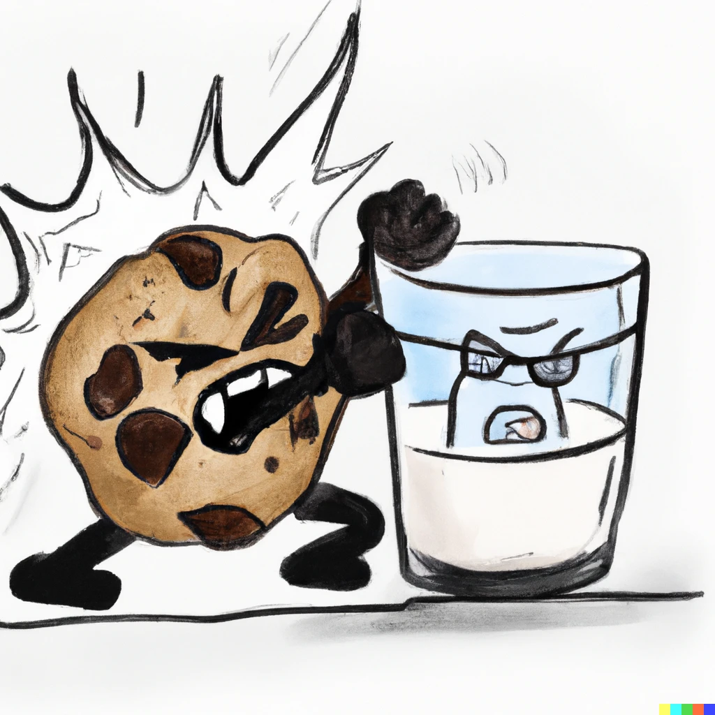 Prompt: A chocolate chip cookie gets into a wrestling match with a glass of cold milk digital art 