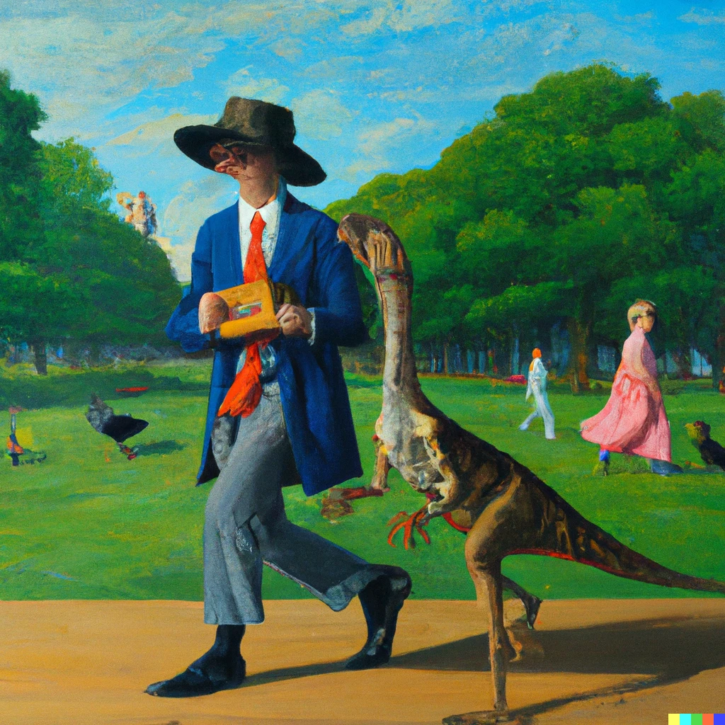 Prompt: "A surrealist oil painting of a Velociraptor walking his pet chicken through Central Park", high detail, vivid color, in the style of Pierre Roy and Paul Delvaux