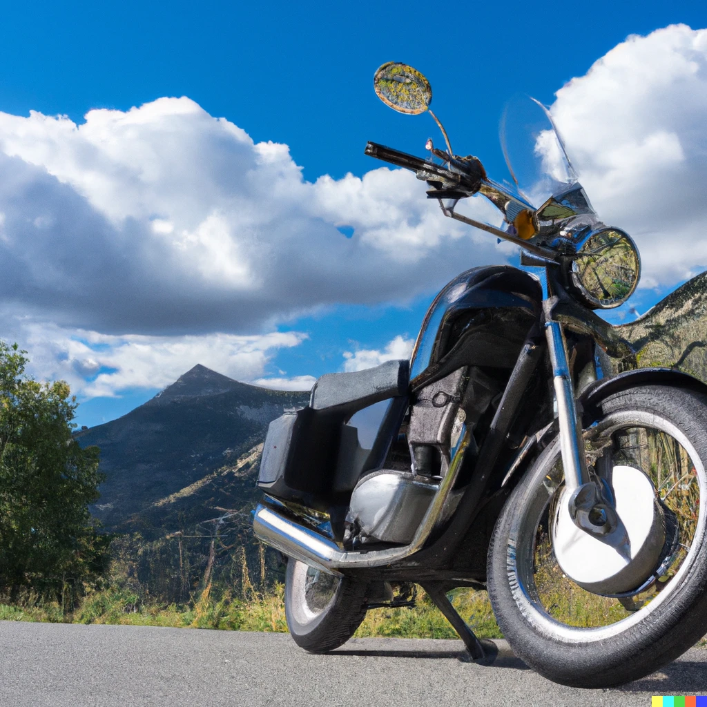Prompt: A classic black Triumph motorcycle parked by the side of a road in the mountains, blue sky with a few small clouds
