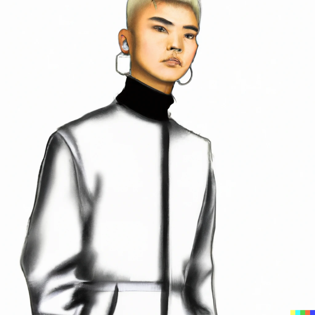 Prompt: A young Japanese man with dyed blond hair with shaved sides, with earrings, wearing boiler suits, hands in his pockets. Digital art