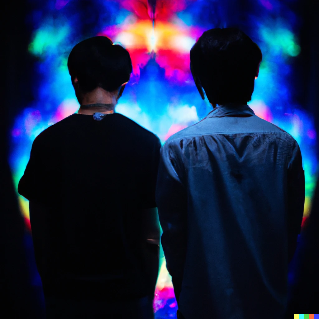 Prompt: Two Japanese men standing in the dark facing backwards, surrounded by numerous small  glows of colors of the rainbow 