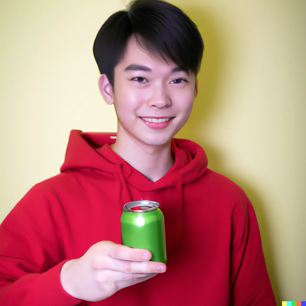 Prompt: A young Japanese man  with round eyes wearing a red sweatshirt, smiling, holding a green can of beer