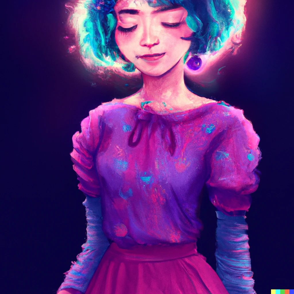Prompt: Young girl with short wavy pink-purple hair with bangs, wears a black headband, has long eyelashes with dark eyes and smiling faintly, wears a long-sleeved blue blouse with frills, a long pink flare-skirt. looking sideways. Dark Digital art